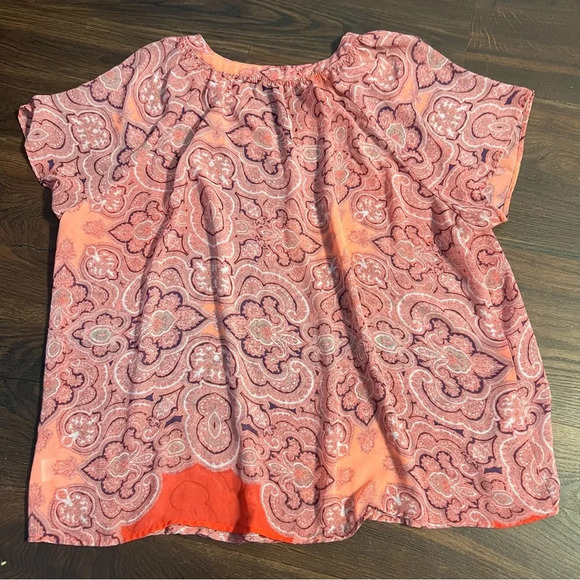 Ana Blouse Plus Size 1X Pink Short Sleeve Sheer V-Neck Paisley Summer Boho Top - Picture 6 of 6